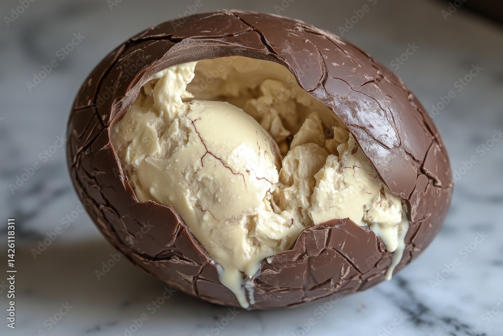 Poster chocolate egg filled with creamy ice cream displayed on a marble surface for dessert enjoyment