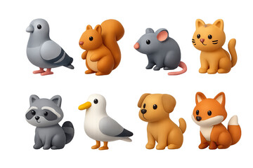 Cute animal icon set – 3d style wildlife and pet symbols for various applications: squirrel, mouse, cat, pigeon, raccoon, seagull, dog, fox