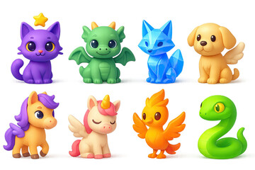 Fototapeta premium Fantasy animals icon set – 3d style mythical and magical creatures for fantasy games and storytelling: dragon, unicorn, phoenix, snake, fox, cat, dog
