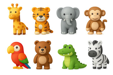 Fototapeta premium Animal icon set – 3d style wildlife and zoo symbols for graphic design, education, and apps: giraffe, tiger, elephant, monkey, parrot, bear, crocodile, zebra