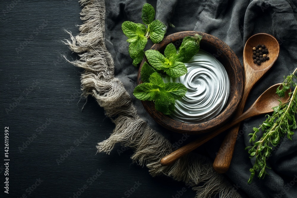 Poster mint and yogurt dip served in a wooden bowl with fresh herbs on a dark textured surface during a cul