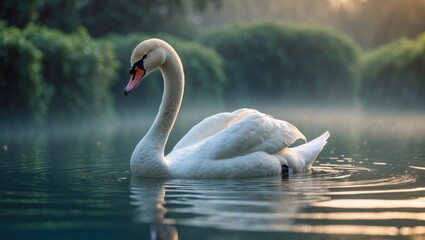 Fototapeta premium Elegant adult Mute Swan gliding across tranquil pond water