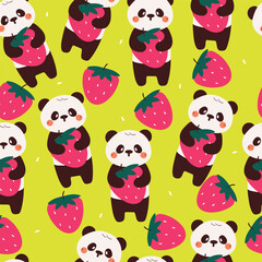 seamless pattern cute cartoon panda holding  strawberry. cute animal drawing for wallpaper, pattern, background