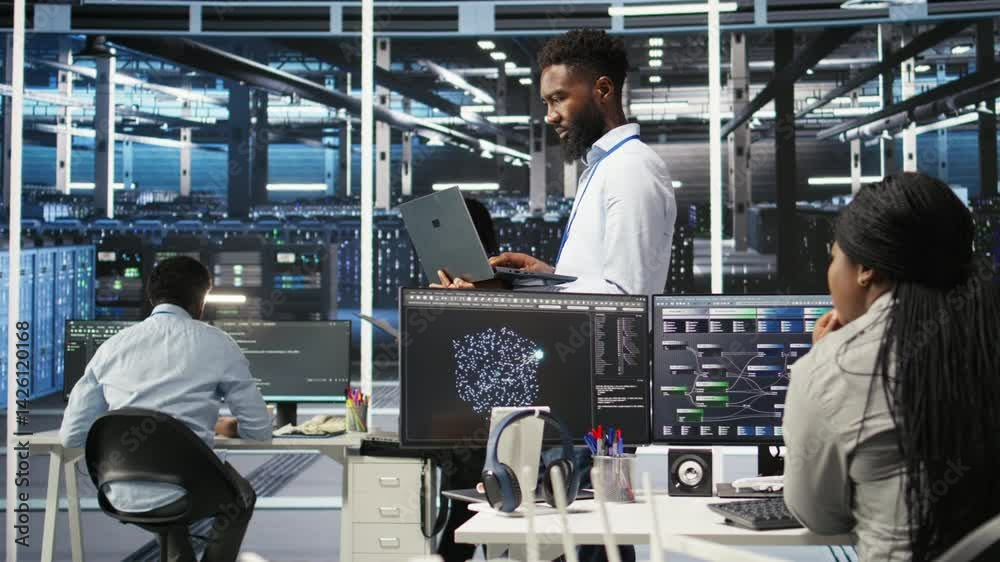 Poster data center programmer uses node tree software to identify equipment performance issues. african ame