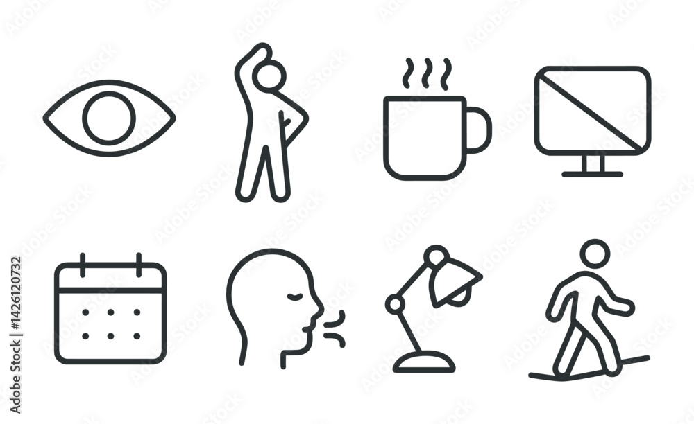 Poster daily routine activity icons set: linear style with 8 simple designs