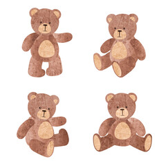 Cute cartoon bear toys set. Vector watercolor illustration of teddy bears
