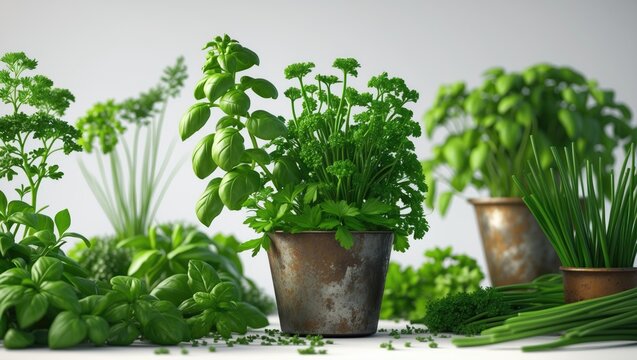 Fresh green herbs and spices in a pot with basil, chive, and parsley background