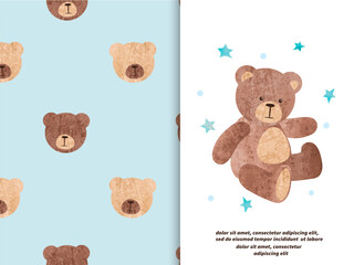 Cute teddy bear vector watercolor illustration. Nursery design