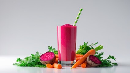 Glass of natural carrot and beetroot juice isolated on background