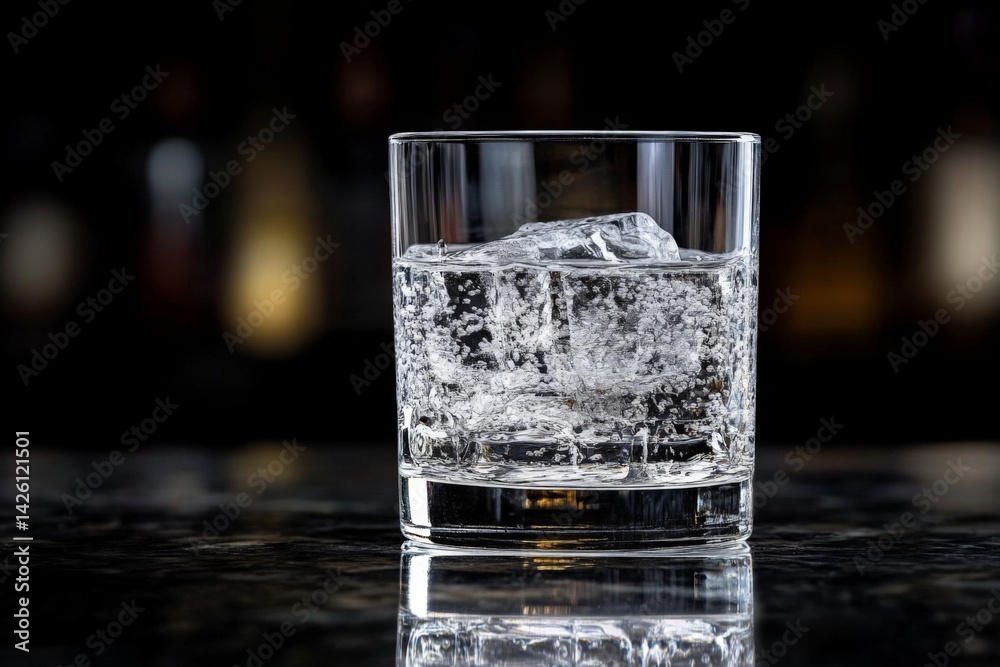 Poster refreshing sparkling water served in a clear glass with ice on a dark bar counter at night