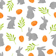 Rabbits and eggs seamless pattern. Easter watercolor vector illustration