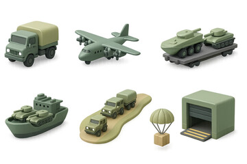 Military vehicles icon set – 3d style army transport and warfare symbols for defense, logistics: cargo truck, airplane, tank, battleship, military convoy, warehouse, parachute