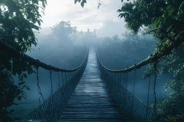 Fototapeta premium Walking across a suspended bridge in a forest on a foggy morning