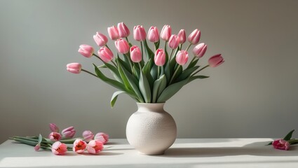 Elegant pink tulip bouquet in ceramic vase on table showcasing minimalist floral design with ample space