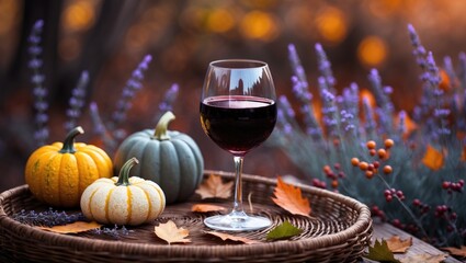 Naklejka premium Red wine glass on a wooden table adorned with pumpkins and dried leaves in an outdoor autumn setting.