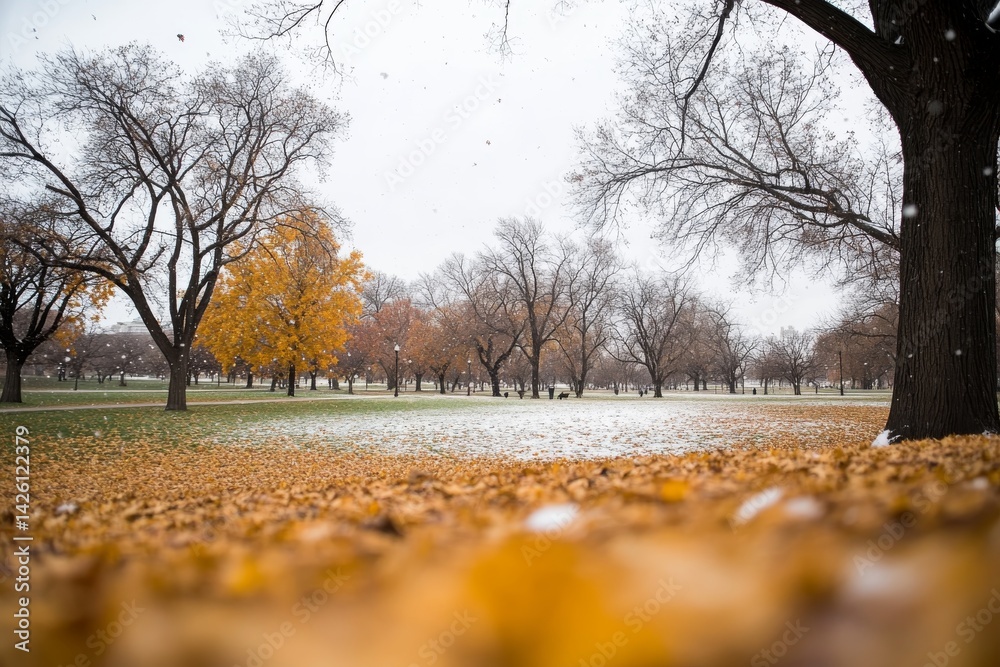 Poster First autumn snowfall blankets a quiet park, creating a serene atmosphere with golden leaves gently falling and a soft layer of snow under gray skies