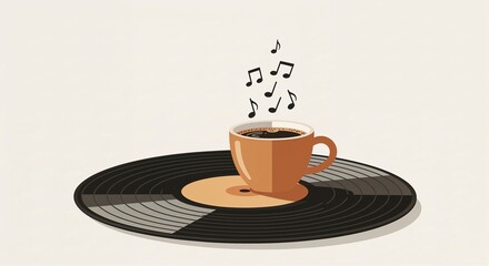 Creative coffee cup on a vinyl record with musical notes in a modern illustration on a beige background