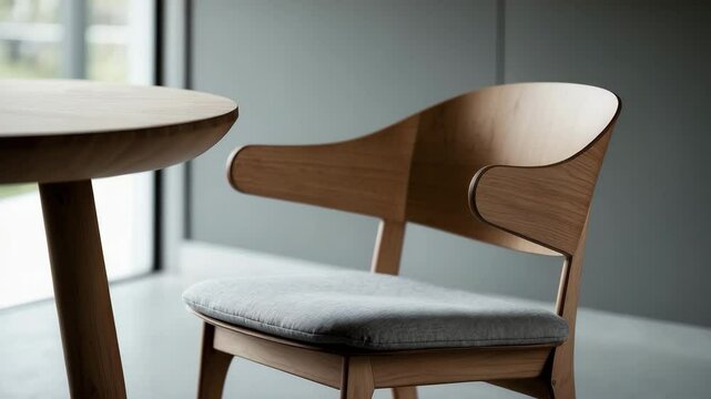Detailed view of a handcrafted plywood chair in a minimalist interior.