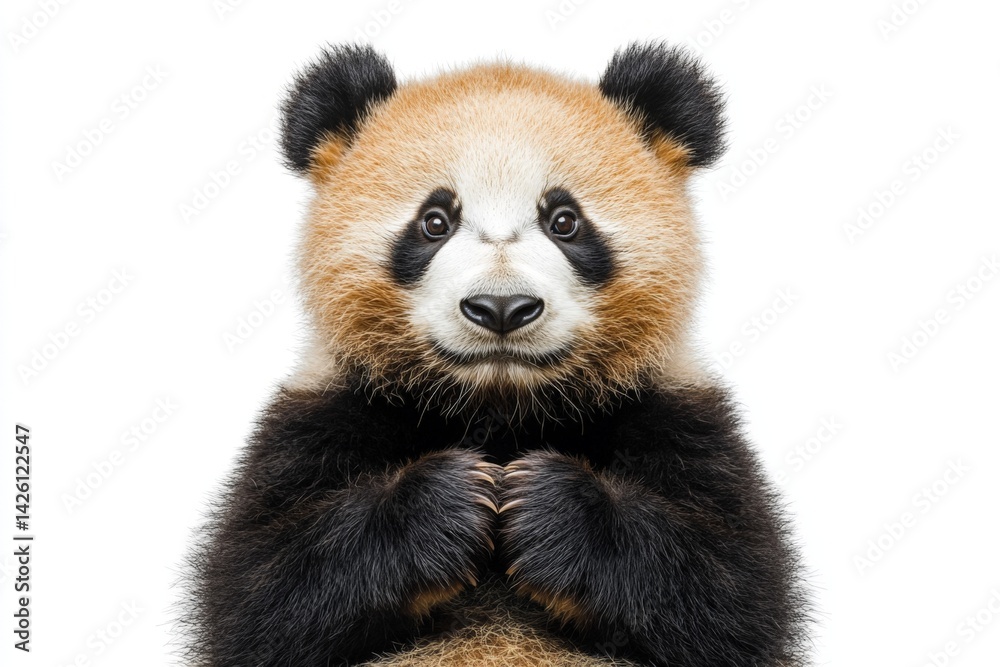 Poster cute young panda bear posing with its paws clasped while looking directly at the viewer against a pl