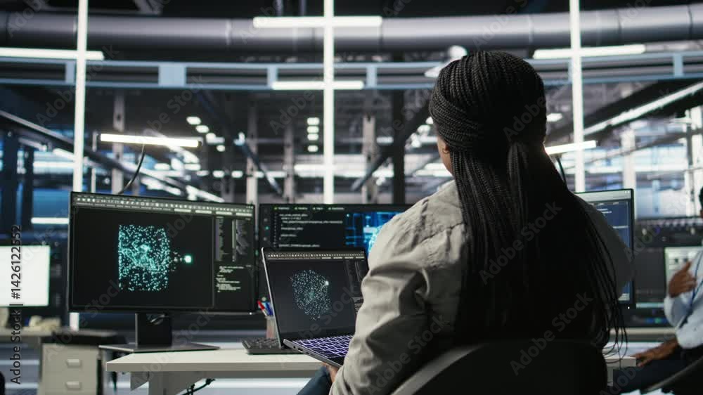 Poster server room it expert using laptop to apply artificial intelligence technology minimizing system dow