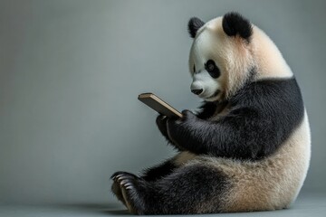 Fototapeta premium Panda interacting with smartphone in indoor setting, showcasing curiosity and playfulness in a modern environment
