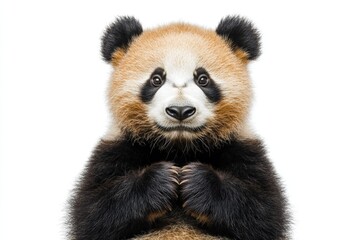 Fototapeta premium Cute young panda bear posing with its paws clasped while looking directly at the viewer against a plain background