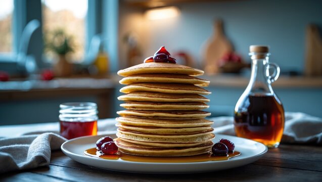 Gluten-free pancakes topped with jam and syrup using organic healthy ingredients, indoor setting