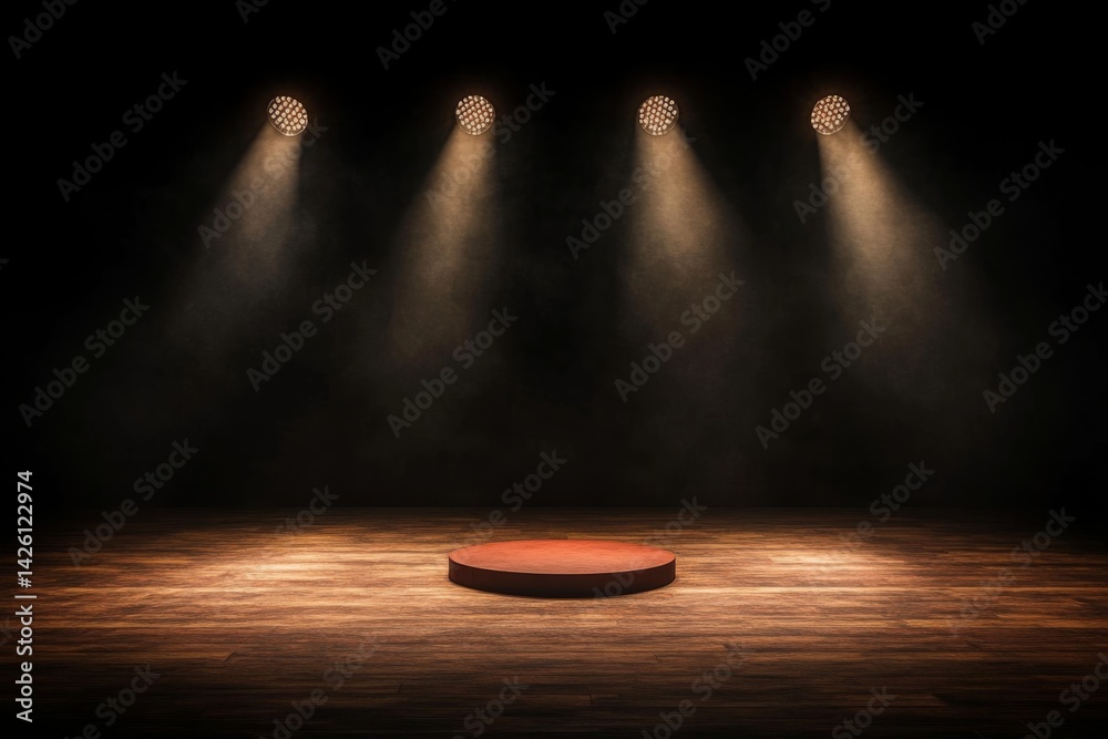 Poster an empty theater stage comes to life with striking spotlights illuminating a red circular podium set