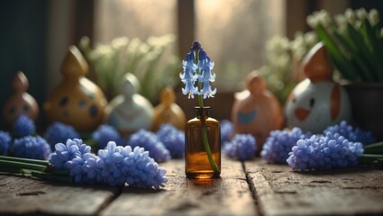 Springtime grape hyacinths arranged on a festive table for celebrating seasonal blooming