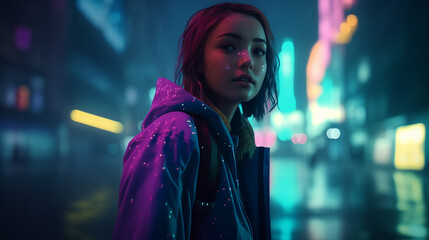 Girl under the future cyberpunk neon lights