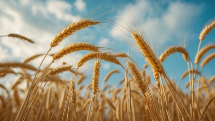 Fototapeta premium Golden wheat farm landscape under clear blue sky