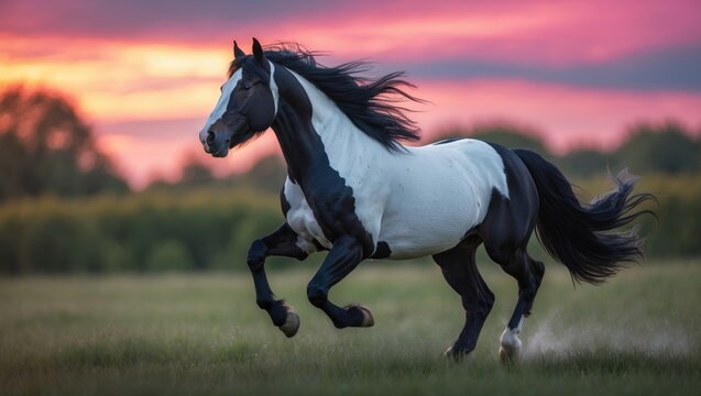 Stunning overo paint stallion galloping freely in the summer meadow
