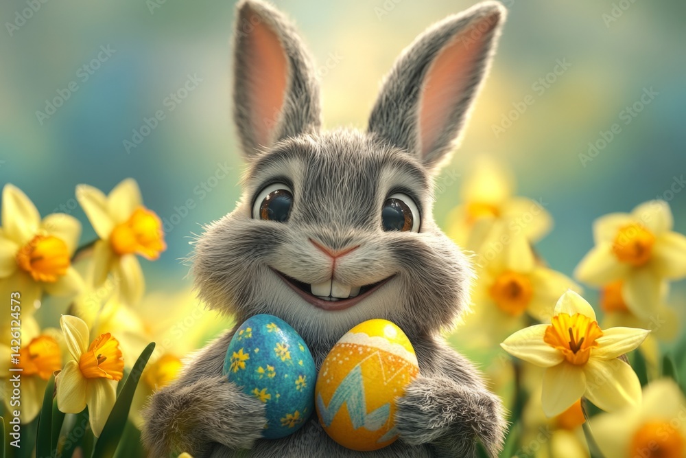 Poster easter bunny smiling amidst vibrant flowers while holding colorful eggs in a joyful spring setting