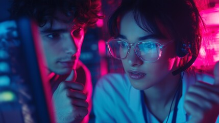 Non-binary coworkers celebrate success with a thumbs-up after resolving a bug in a vibrant tech environment