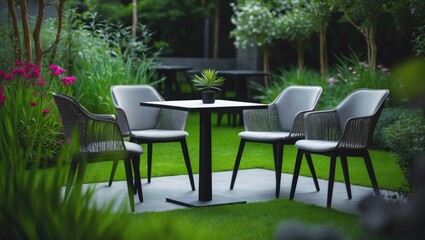 Obraz premium Outdoor restaurant with tables and chairs overlooking the garden