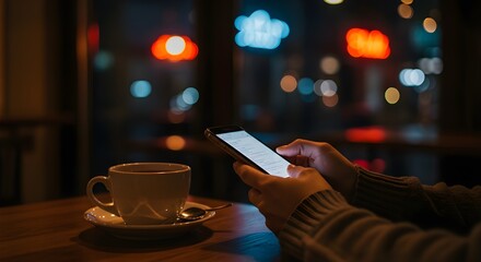 Night cafe ambiance with smartphone and coffee cup in warm bokeh lights