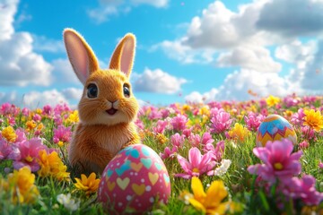 Obraz premium Cute rabbit enjoying a colorful spring meadow filled with flowers and decorated Easter eggs under a bright blue sky