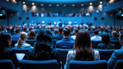 Female business professionals participating in a conference meeting in an auditorium