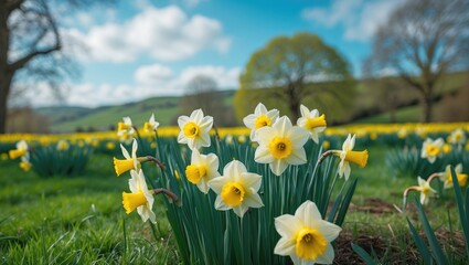 Sunny day with green fields, yellow daffodils, trees, and a blue sky