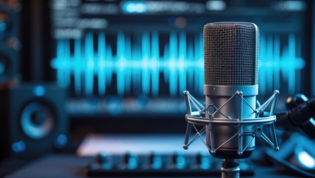 Audio spectrum in blue hues at a recording studio with computer screen and microphone