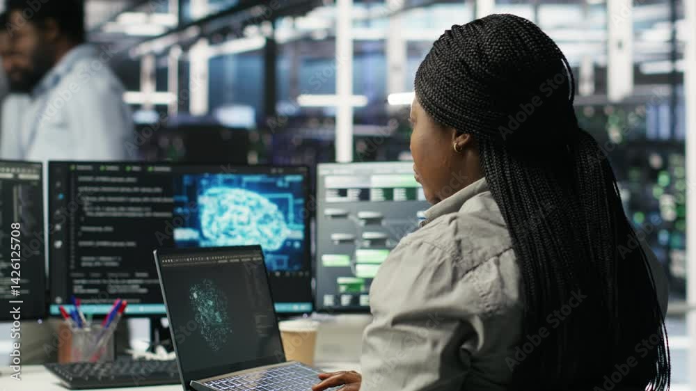 Poster data center admin uses ai technology on laptop for machine learning workloads. server hub worker usi