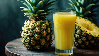 Glass of fresh pineapple juice on table served chilled