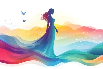 Minimalist illustration of a woman in a long tight dress, she is very beautiful and slim, she enjoys her shape on a transparent background of a colorful dreamlike and fantastical landscape
