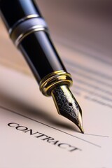 High-contrast black fountain pen signing a blank contract sheet on white background in business agreement setting