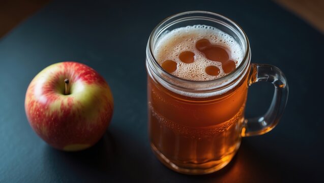 Overhead shot of a mug of dark apple cider ale in a glass jar, featuring fresh fruit and drink ingredients.