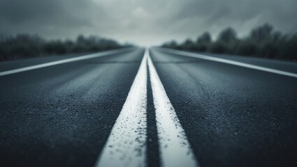 Close-up of asphalt roadway featuring white paint lines on a busy street background