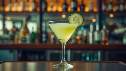 Tasty cucumber martini in a glass on a table with space for text
