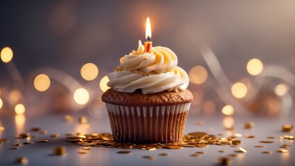 Festive Happy Birthday Greeting Card Featuring a Sweet Cupcake with a Burning Candle