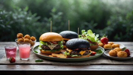 Gourmet burgers and starters displayed on a table