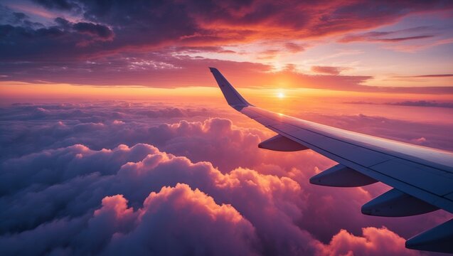 Breathtaking aerial scene of clouds and sunset seen from airplane window with wing in view - Powered by Adobe